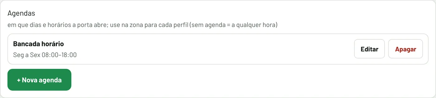 Bloco Agendas, com uma agenda de segunda a sexta