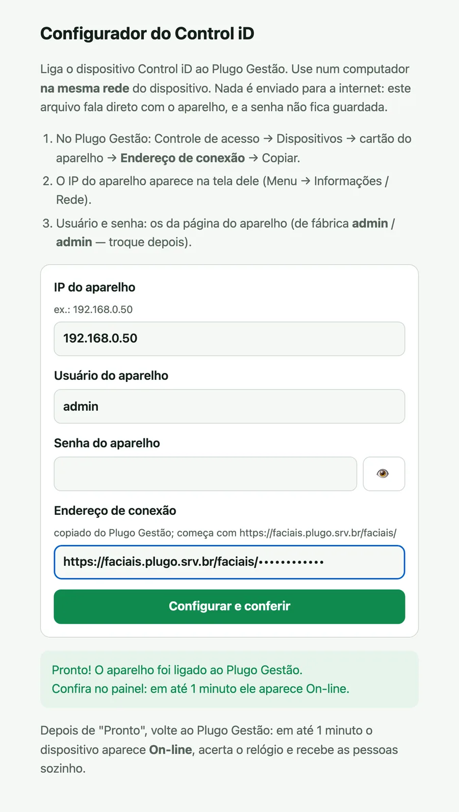 Configurador do Control iD com os campos preenchidos e a mensagem Pronto