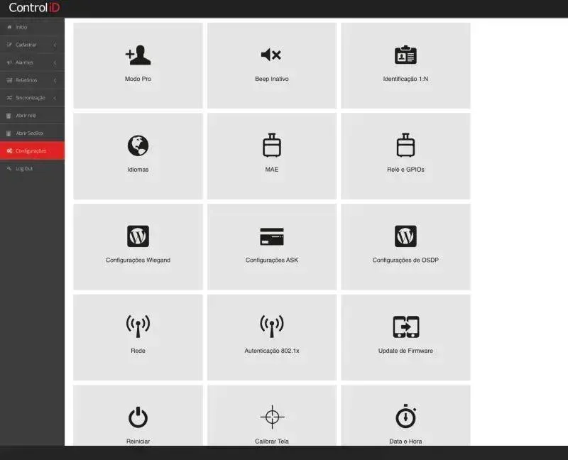 Página do Control iD, tela Configurações
