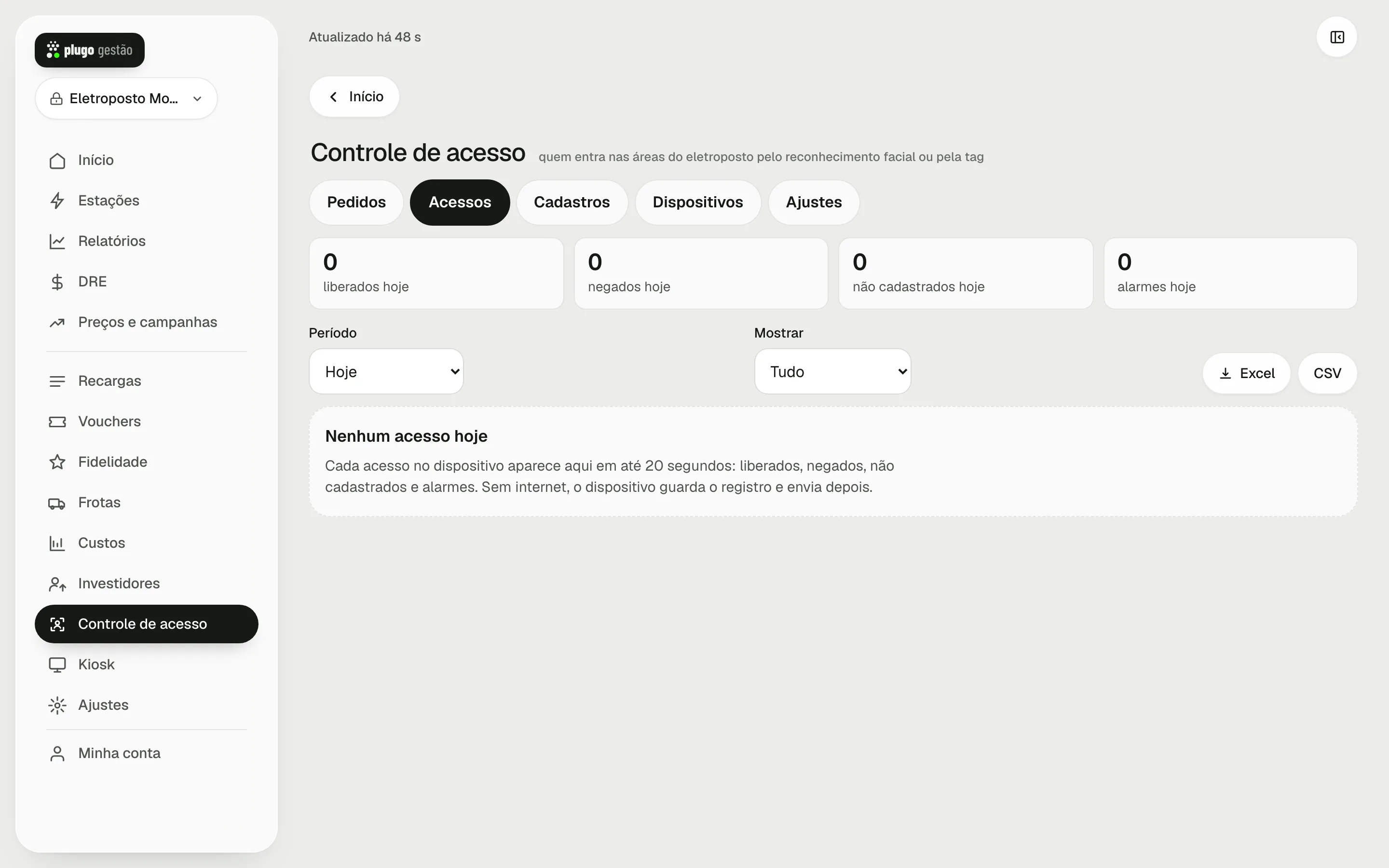 Controle de acesso com as abas Pedidos, Acessos, Cadastros, Dispositivos e Ajustes