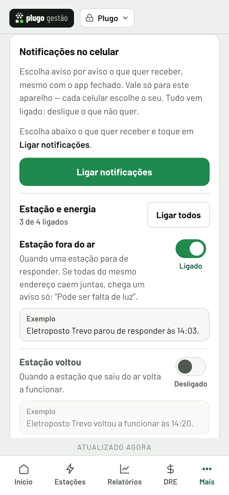 Cartão Notificações no celular, com a escolha aviso por aviso