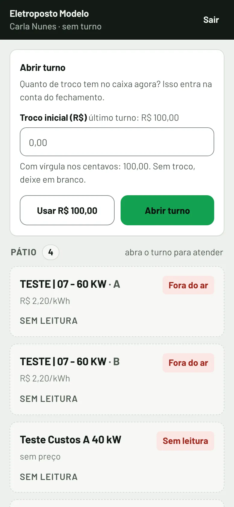 Cartão Abrir turno e o pátio no celular