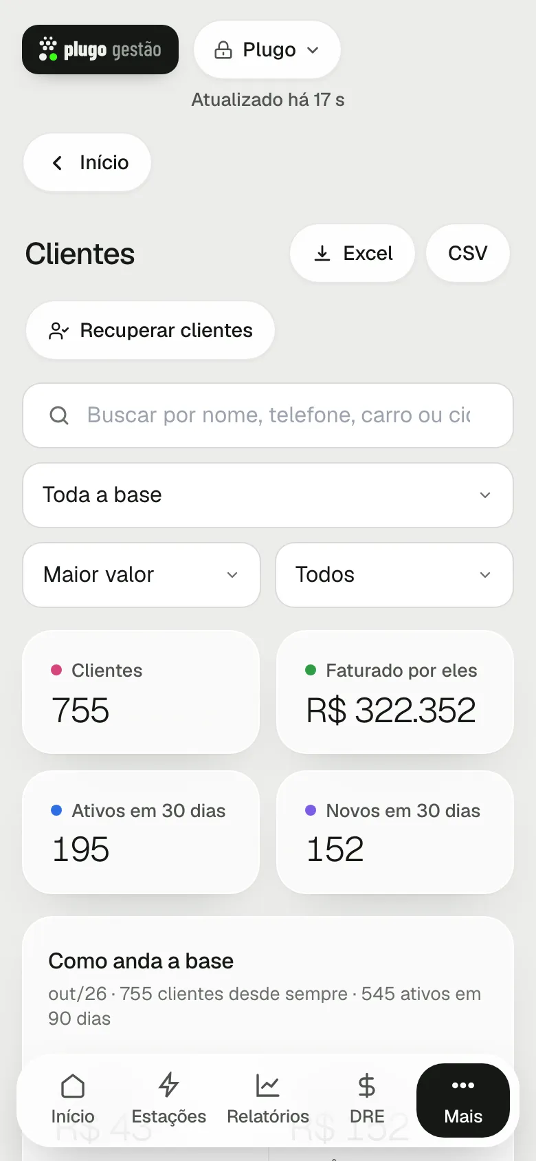 Tela Clientes no celular, com o botão Recuperar clientes, a busca, os filtros e os quadros