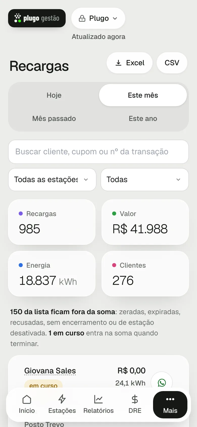 Tela Recargas no celular, com os quadros de totais e a nota do que fica fora da soma
