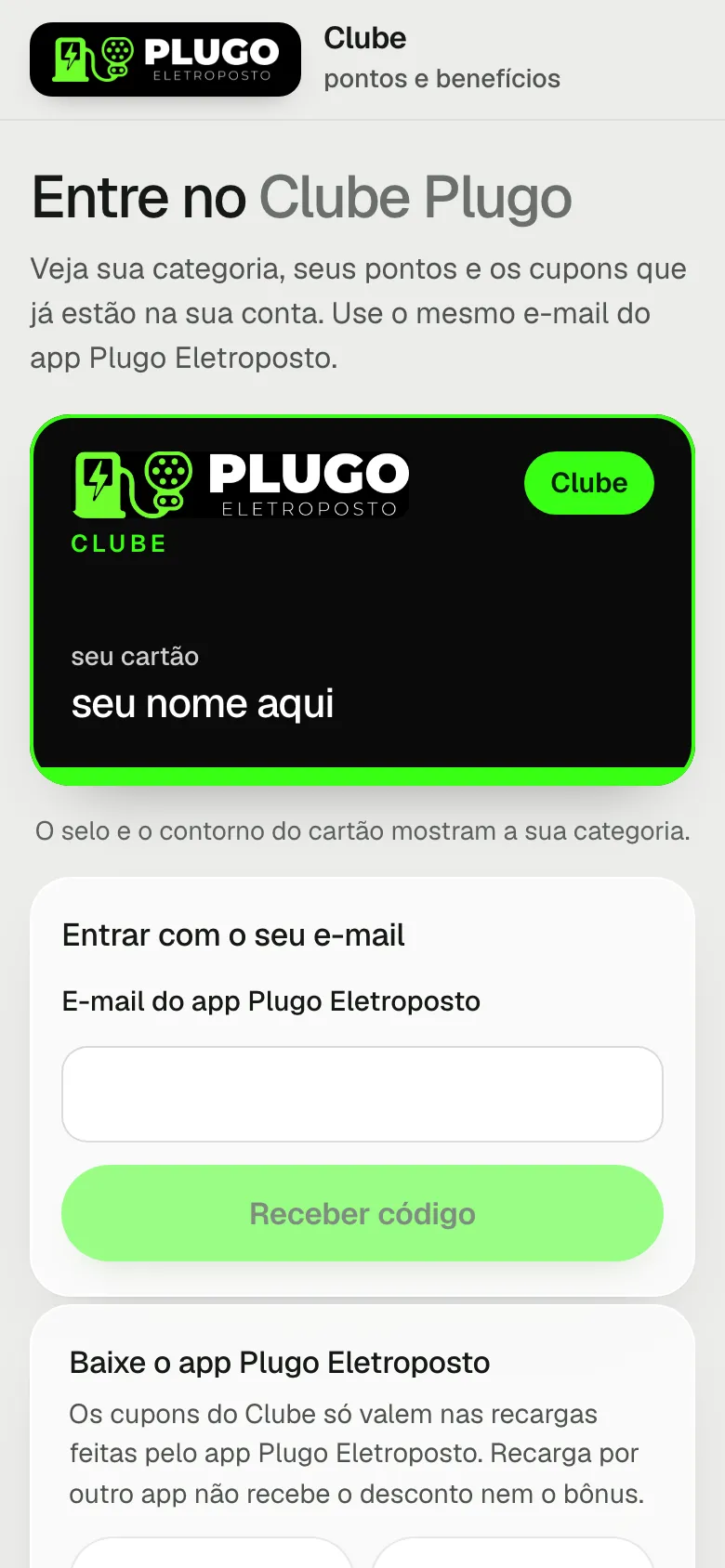 Página do Clube no celular do cliente