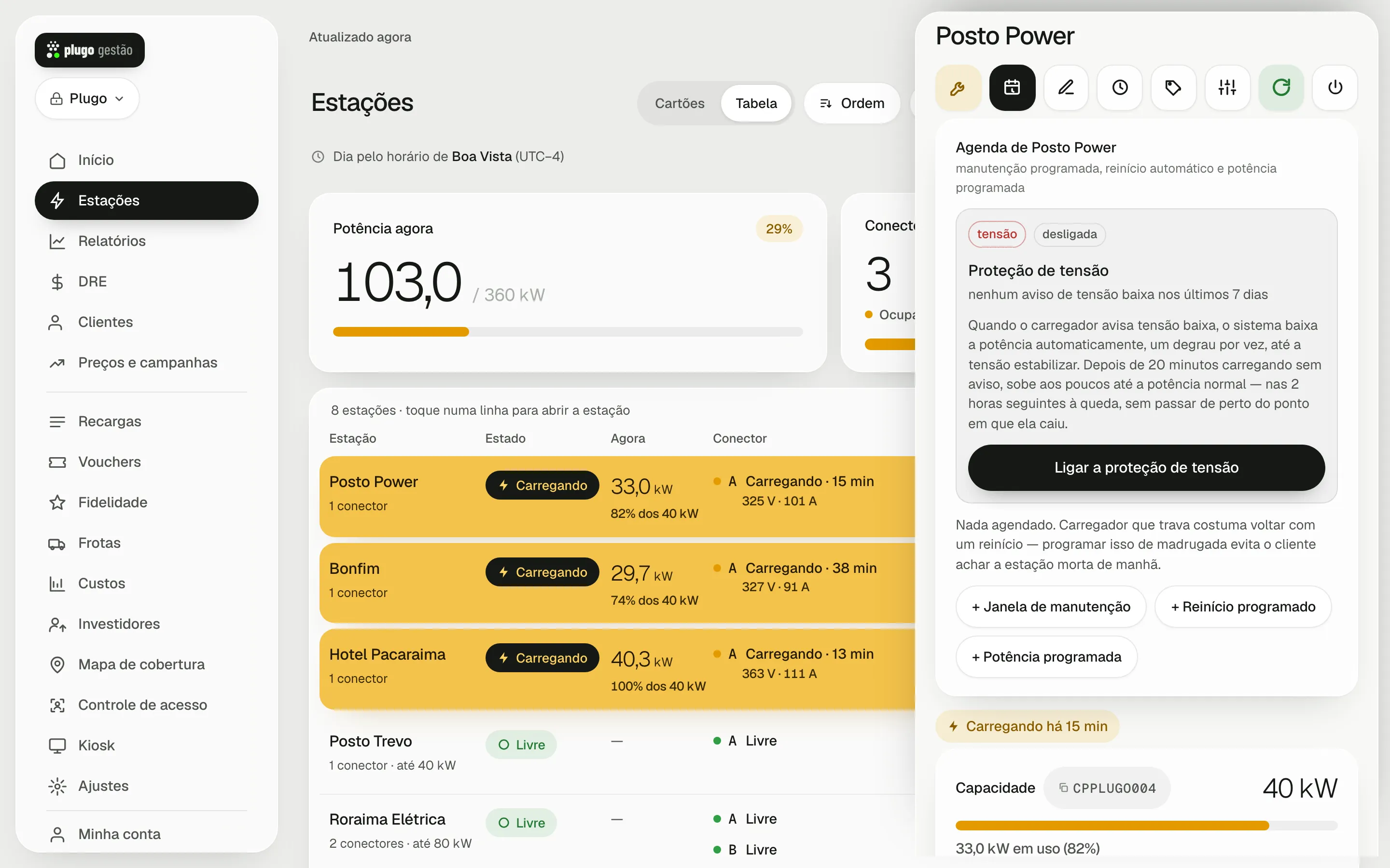 Agenda da estação no computador, com a proteção de tensão e os botões de janela de manutenção, reinício programado e potência programada