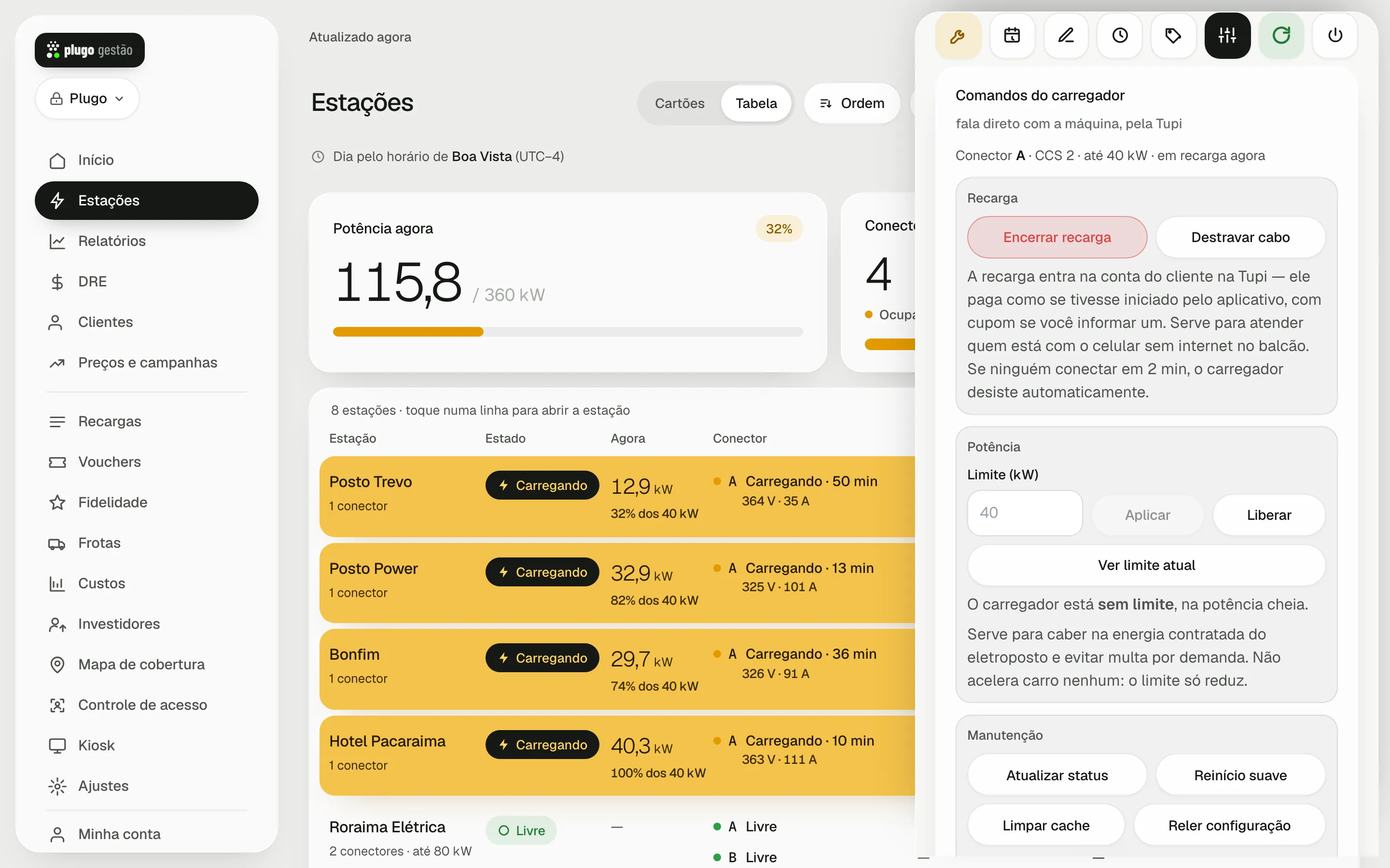 Ficha da estação no computador, com a barra de ícones e o painel Comandos do carregador aberto