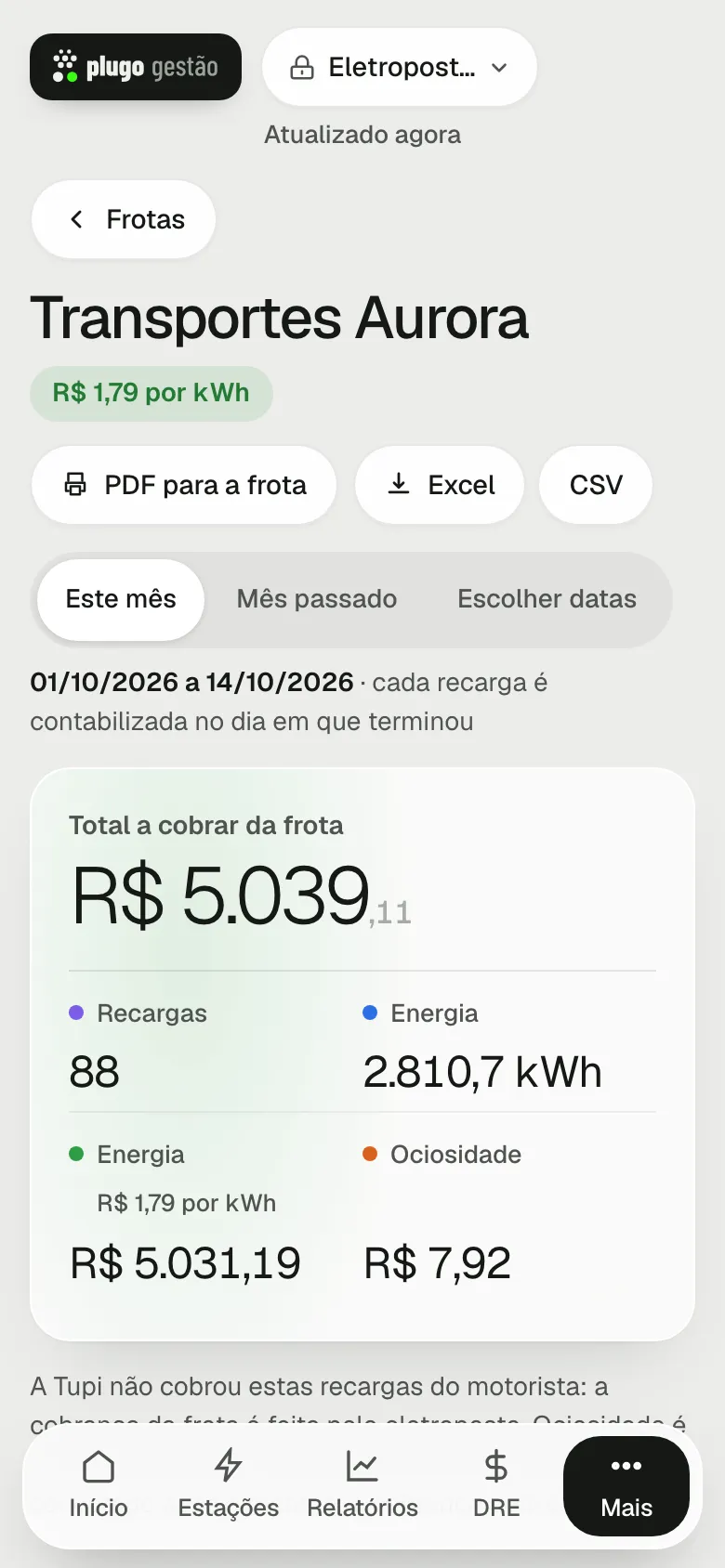 Extrato de uma frota no celular