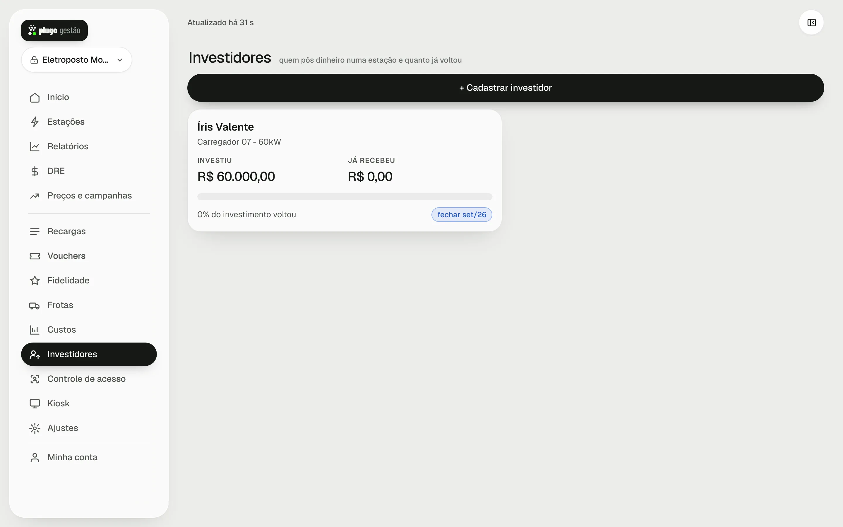 Lista de investidores no computador