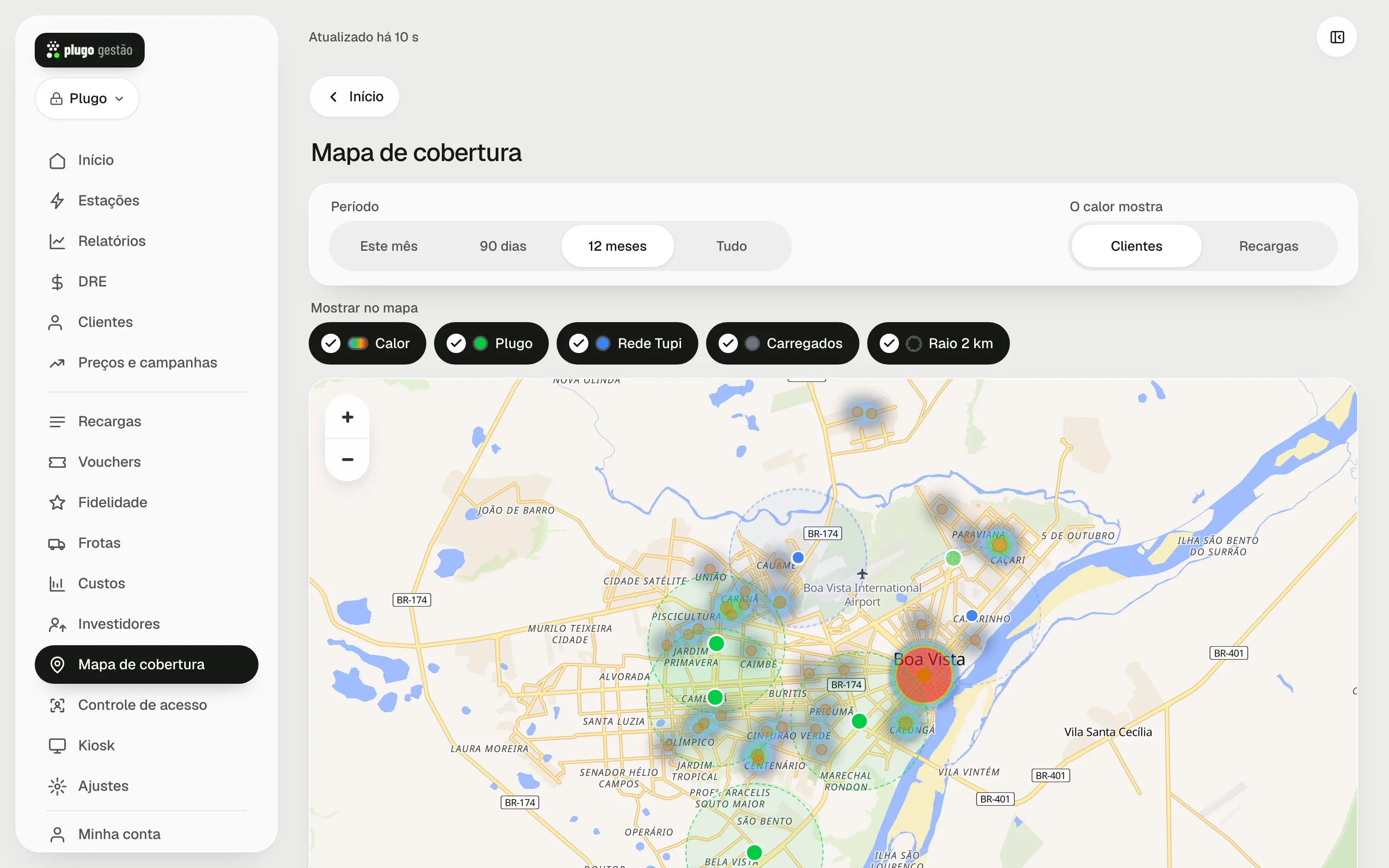 Mapa de cobertura com o calor dos clientes e as estações