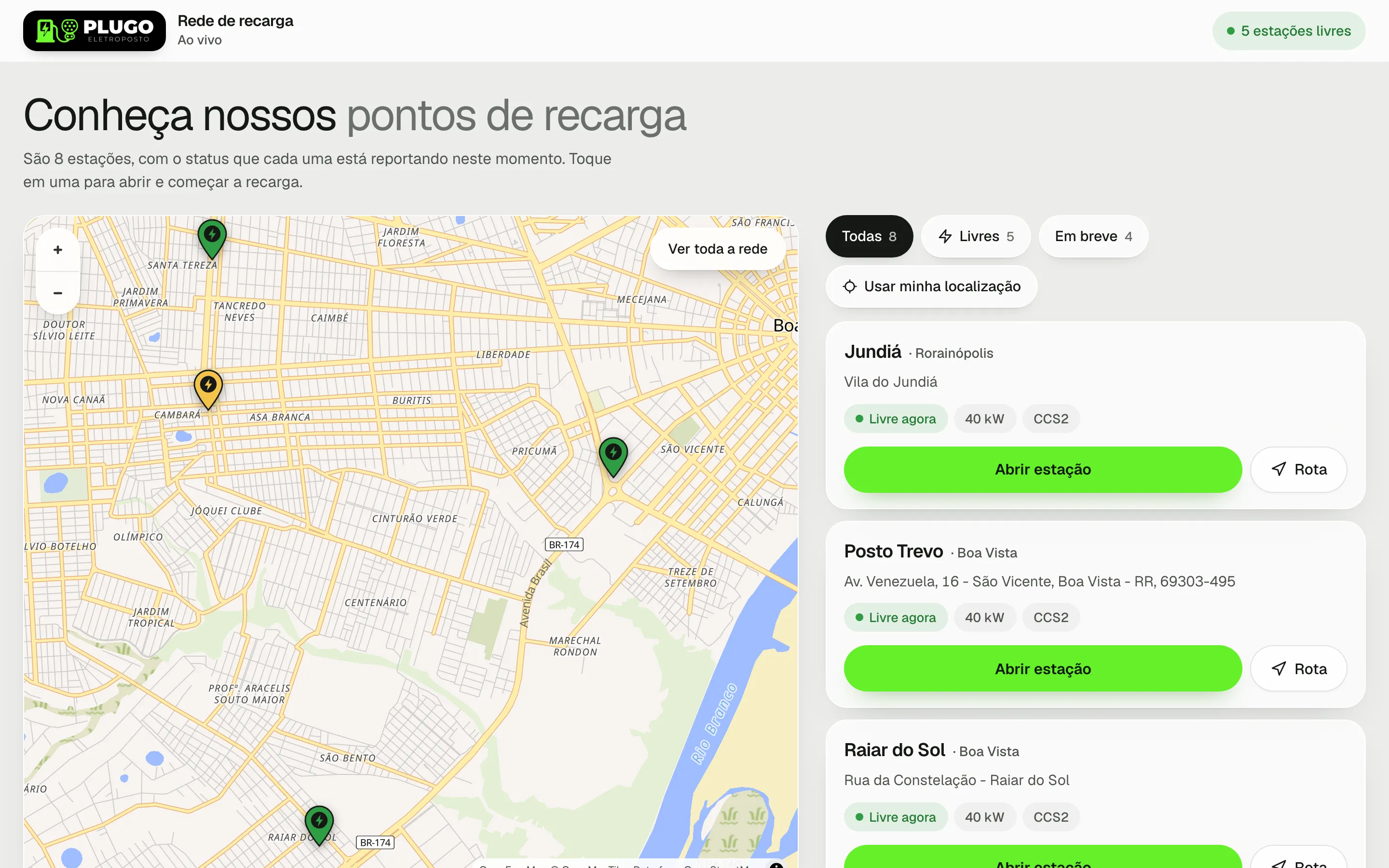 Mapa público no computador, com o mapa e a lista de estações